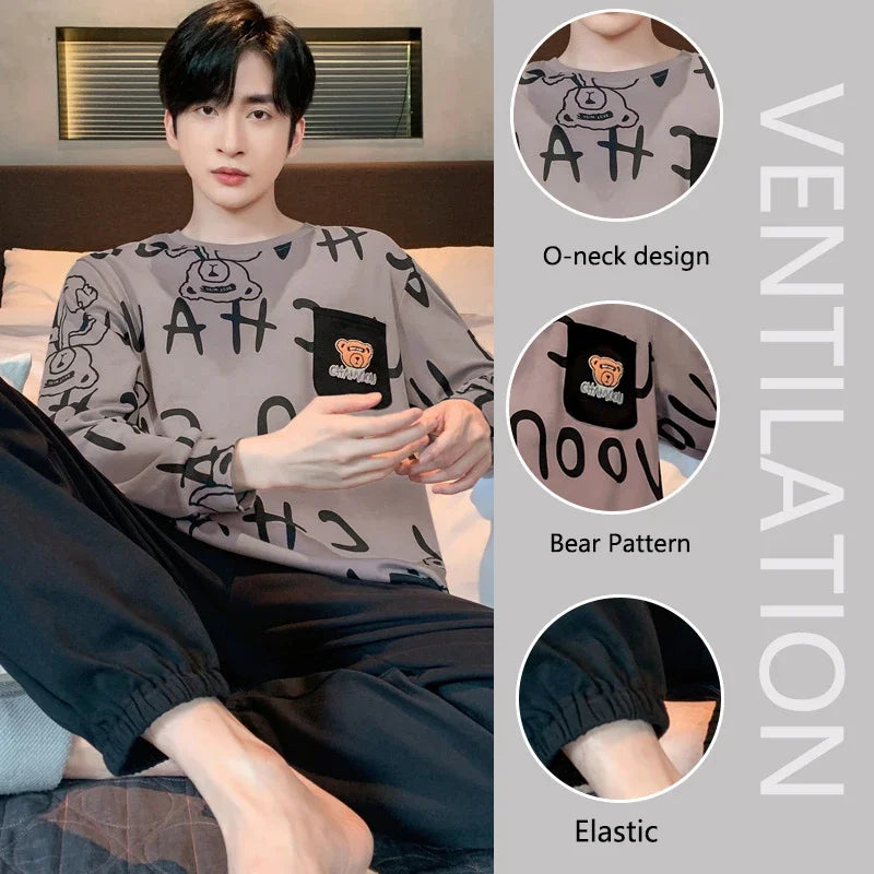 Men's Pajamas Set – 2PCS, Plus Size, Long Sleeve, Loose Fit, Breathable, Cartoon Bear & Striped Letters, Crew Neck Loungewear