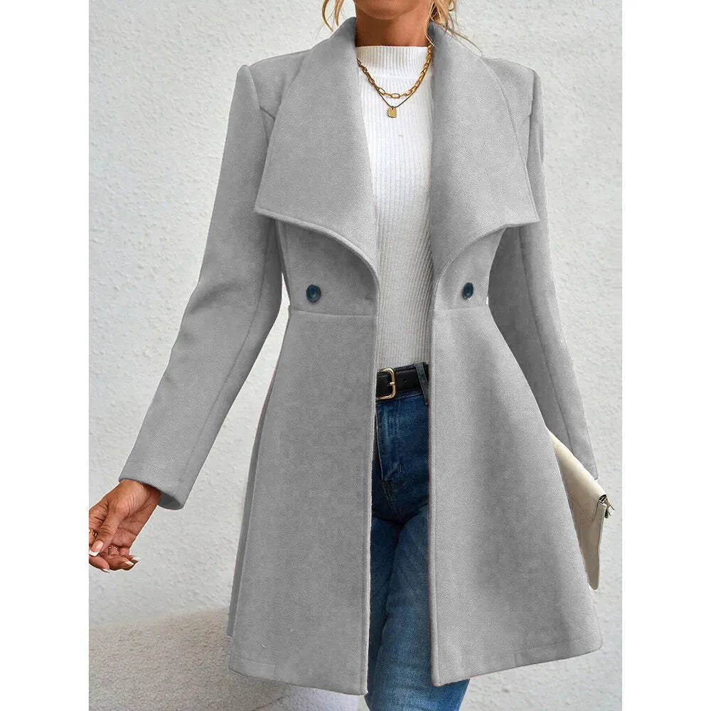 Women's Winter Coat – Solid Color, Long Sleeve, Lapel, Button-Up Workwear
