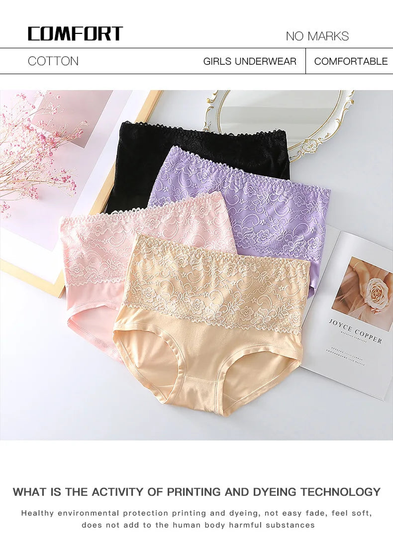 3PCS High Waist Women's Panties – Large Size, Breathable Cow Milk Silk, Lace Briefs, Sexy Female Lingerie