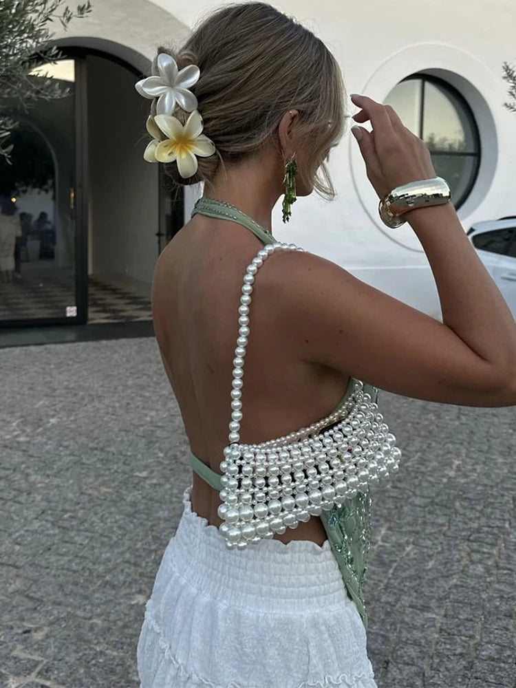 Sexy Deep V-Neck Beach Tank Top – Summer, Sequins Patchwork, Sleeveless, Vest, Vacation Outfit, Backless, Hot Girls Fashion