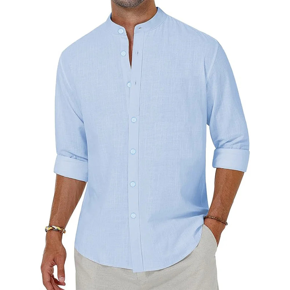 Men's Cotton Linen Shirts – Long Sleeve Button Down With Henley Collar, Beach Style Hawaiian Vacation Casual Tops