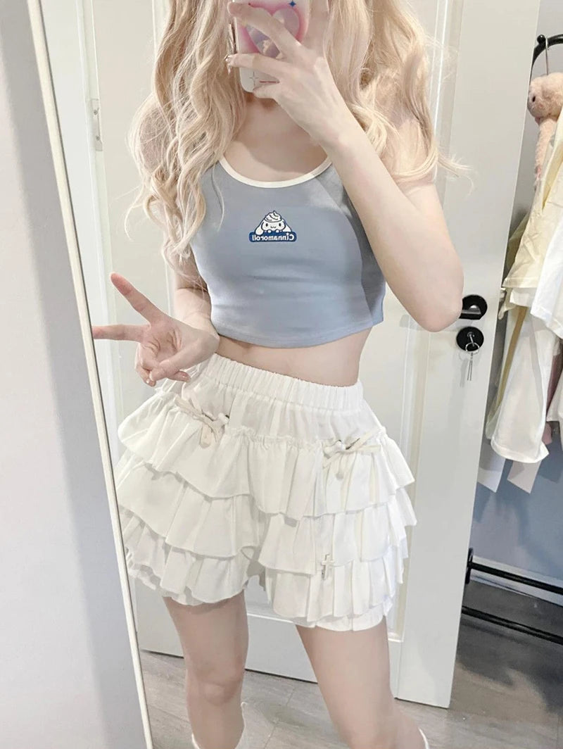 Y2K Sweet Ruffle Mini Skirt – Kawaii Lolita A-Line, Harajuku High-Waisted Bow Skirt in Pink & White
