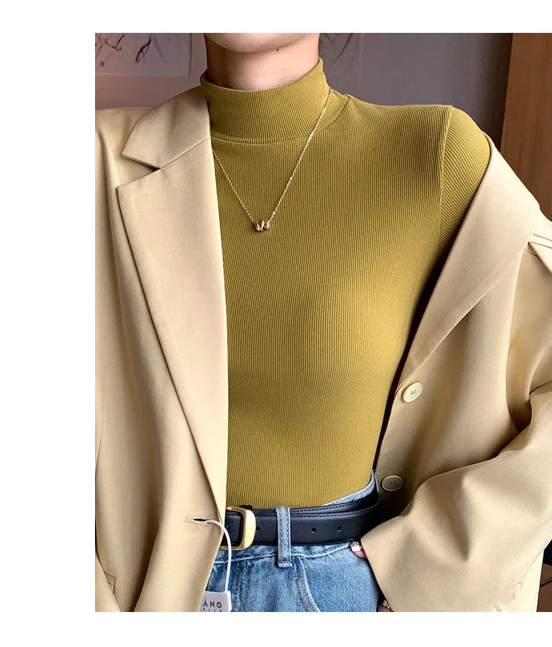 Knitted Half-Turtleneck Pullover – Elegant Korean Fashion, Long Sleeve, Women’s Sweater Jumper