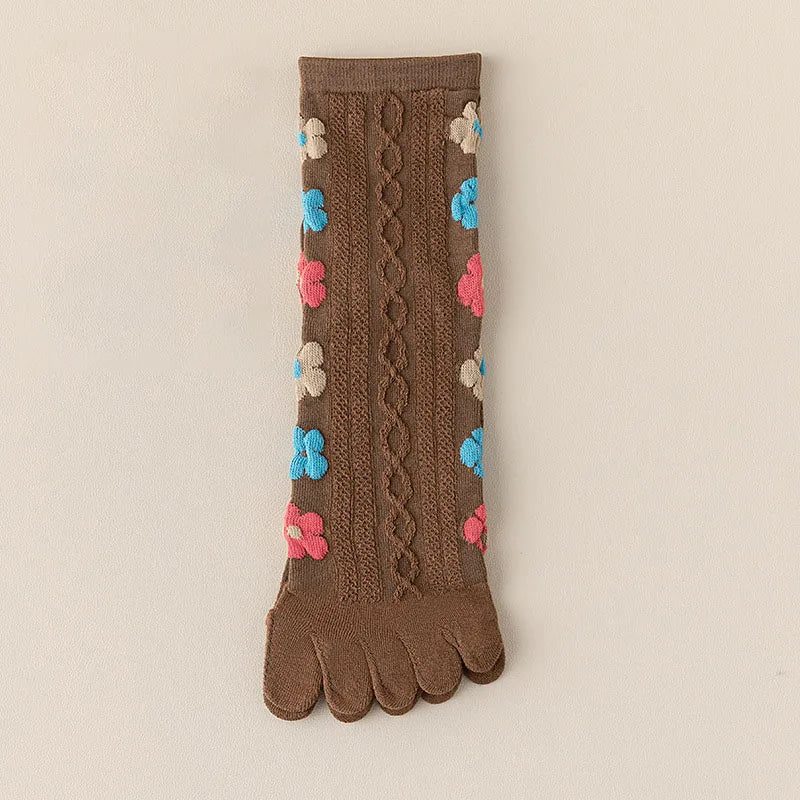 Colorful Heart Braid Five Finger Socks for Women – Spring Autumn, Middle Tube, Cotton, Breathable, Crew Socks, Streetwear