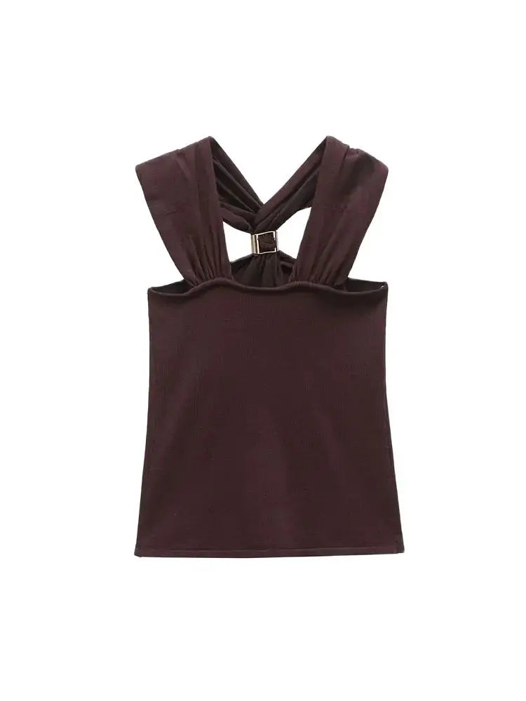 Women's Fashion Knit Halterneck Tank Top – Gold Appliques, Wide Straps, Camisole, Stylish Female Topwear