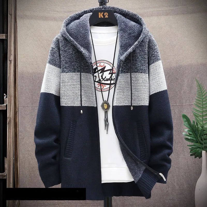 Cardigan Sweater Men – Fleece Zipper, Velvet Contrast Striped Sweater Coat, Casual Jacket for Autumn and Winter