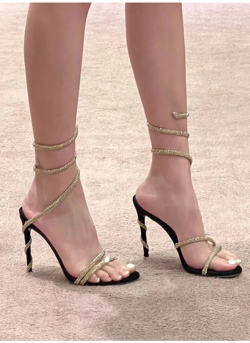 Star Style Crystal Snake Sandals – Women's Sexy Stiletto High Heels, Gladiator Sandals for Summer Party & Prom