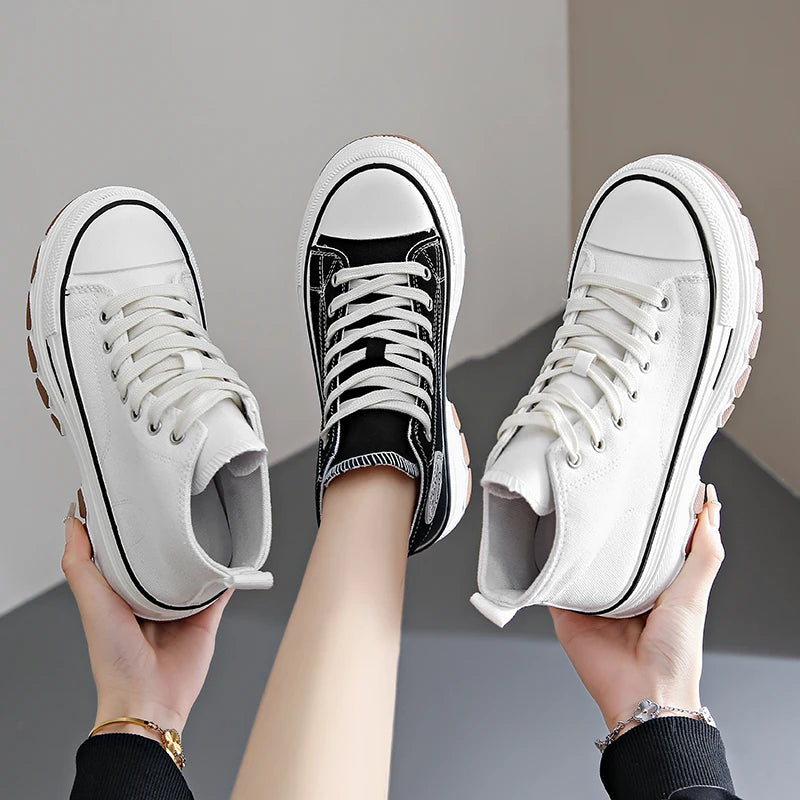 Women’s High Top Canvas Sneakers - Lace-Up, Non-slip, Wear-Resistant, Spring Platform