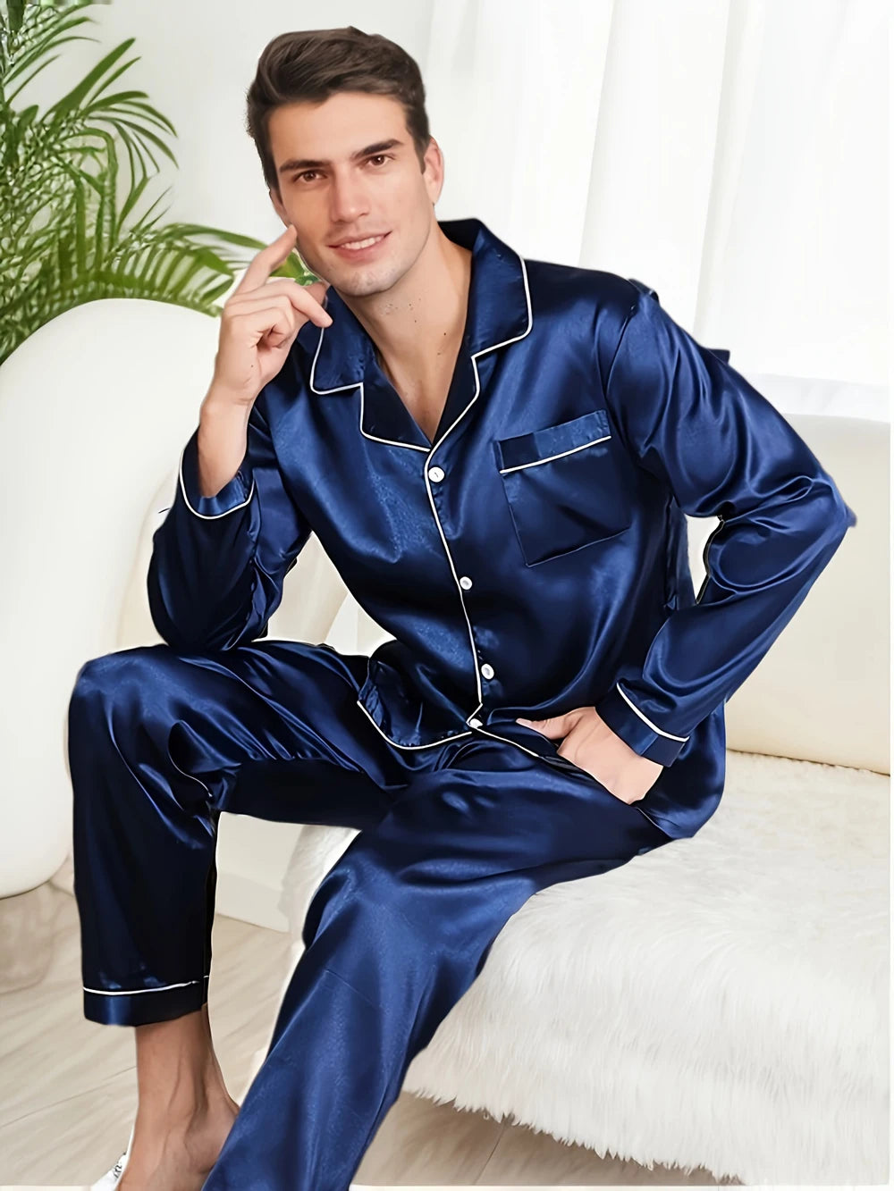 Men's Pajama Set – Microfiber Silk, Long Sleeve Shirt, Comfortable Nightwear, Plus Size Home Loungewear