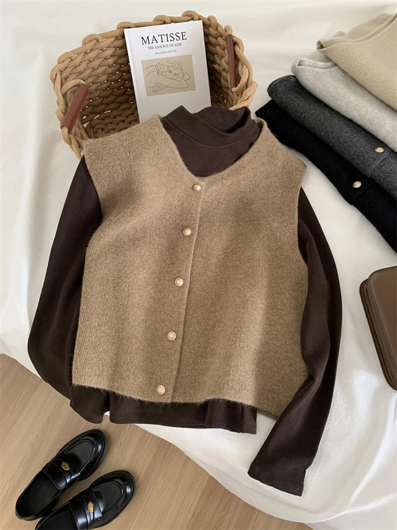 Korean Knitted Sleeveless Cardigan – Elegant, Slim Fit, Casual Fashion, Autumn Wear