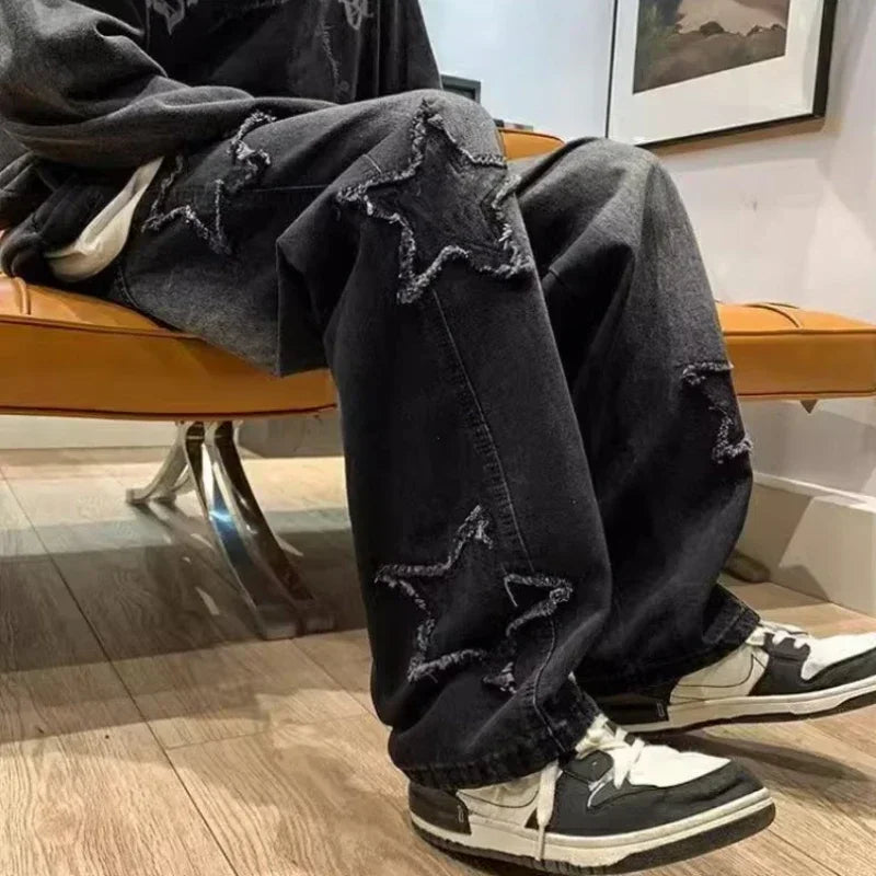 Stars Patchwork Men Jeans – New Fashion Y2K, Tassel Design, Korea Style, Straight Fit, Hip Hop Splicing Trousers, Male Streetwear