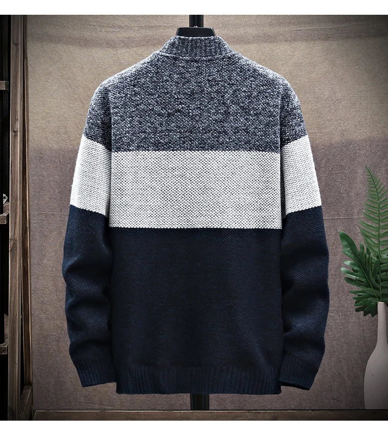 Cardigan Sweater Men – Fleece Zipper, Velvet Contrast Striped Sweater Coat, Casual Jacket for Autumn and Winter