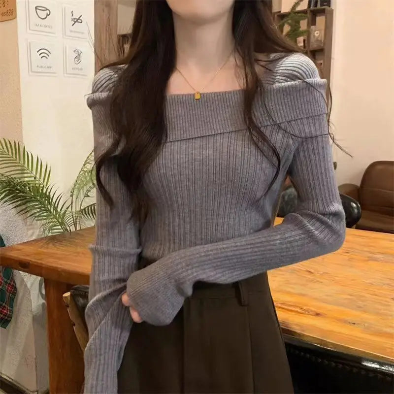 Slim Off-Shoulder Knitted Sweater – Slash Neck, Long Sleeve, Sexy Office Fashion