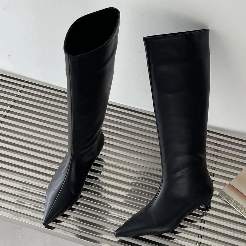 Fashion Sexy Pointed Low Heels Knee-High Boots – Women's Spring/Autumn PU Party Western Boots