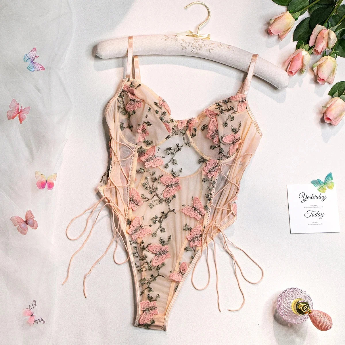 Yimunancy Boho Butterfly Embroidery Mesh Bodysuit – Women's Transparent Lace-Up Sexy Bodysuit, Body Femme