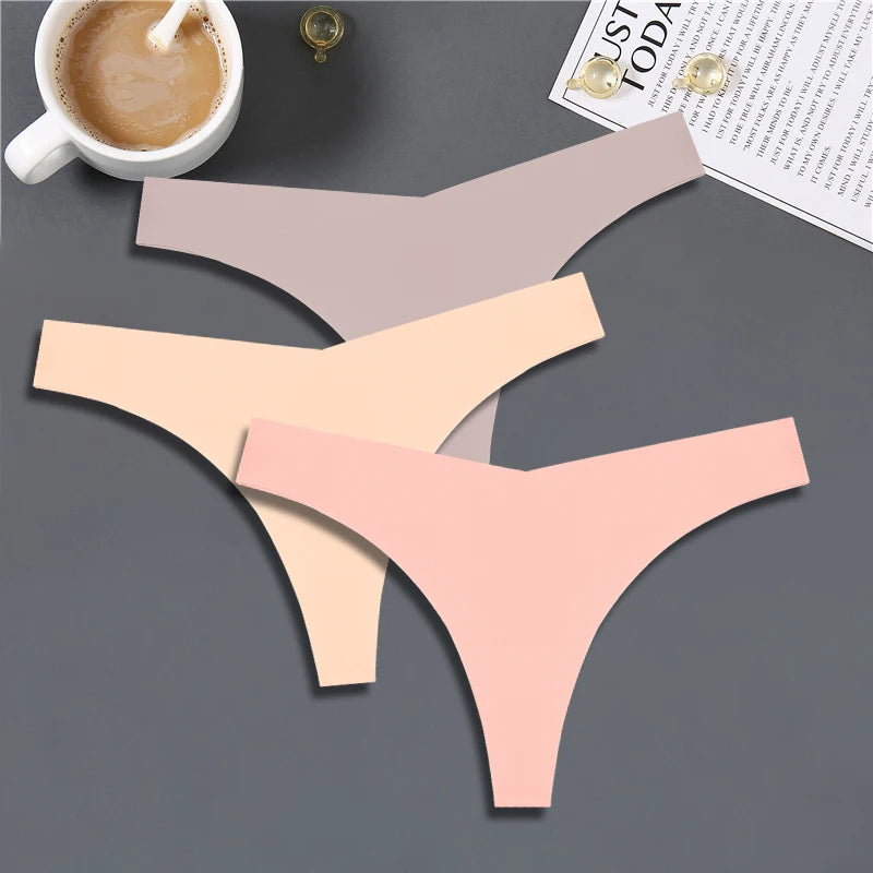 3PCS Women Ice Silk Seamless Thongs – Sexy V-Waist, Low Rise, Sporty, Breathable, 10 Solid Colors