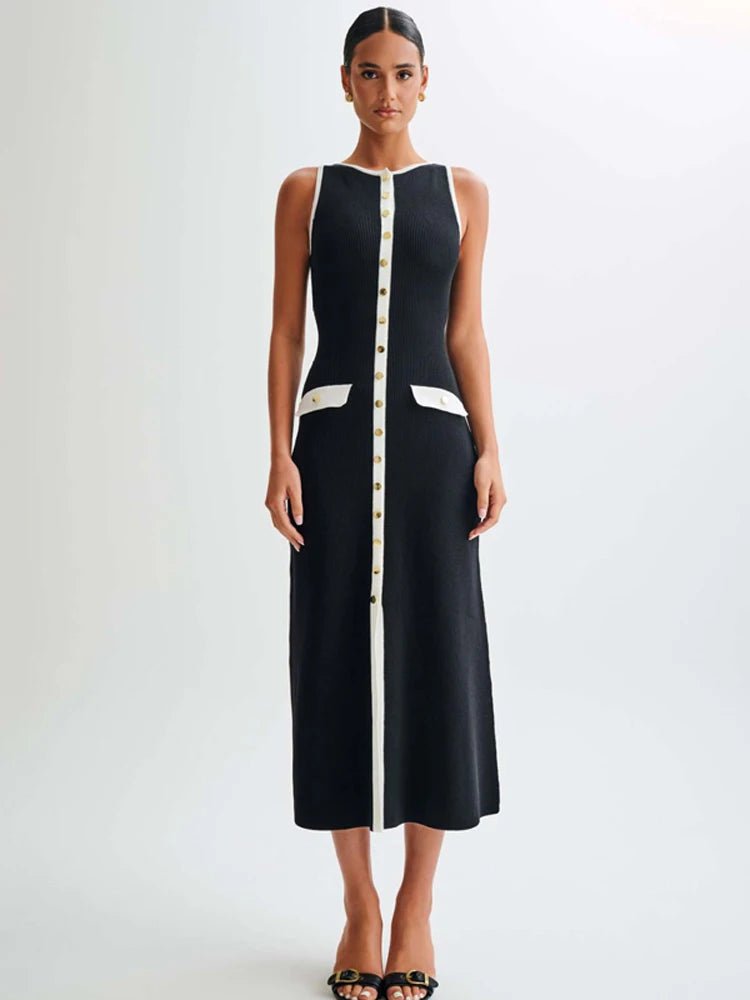 Knit Ribbed Cardigan Maxi Dress – High Waist, Slim Fit, Pocket Design, Sleeveless, Elegant, Party Dress, Women's Knitwear, Long Dress