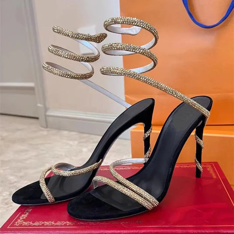 Star Style Crystal Snake Sandals – Women's Sexy Stiletto High Heels, Gladiator Sandals for Summer Party & Prom
