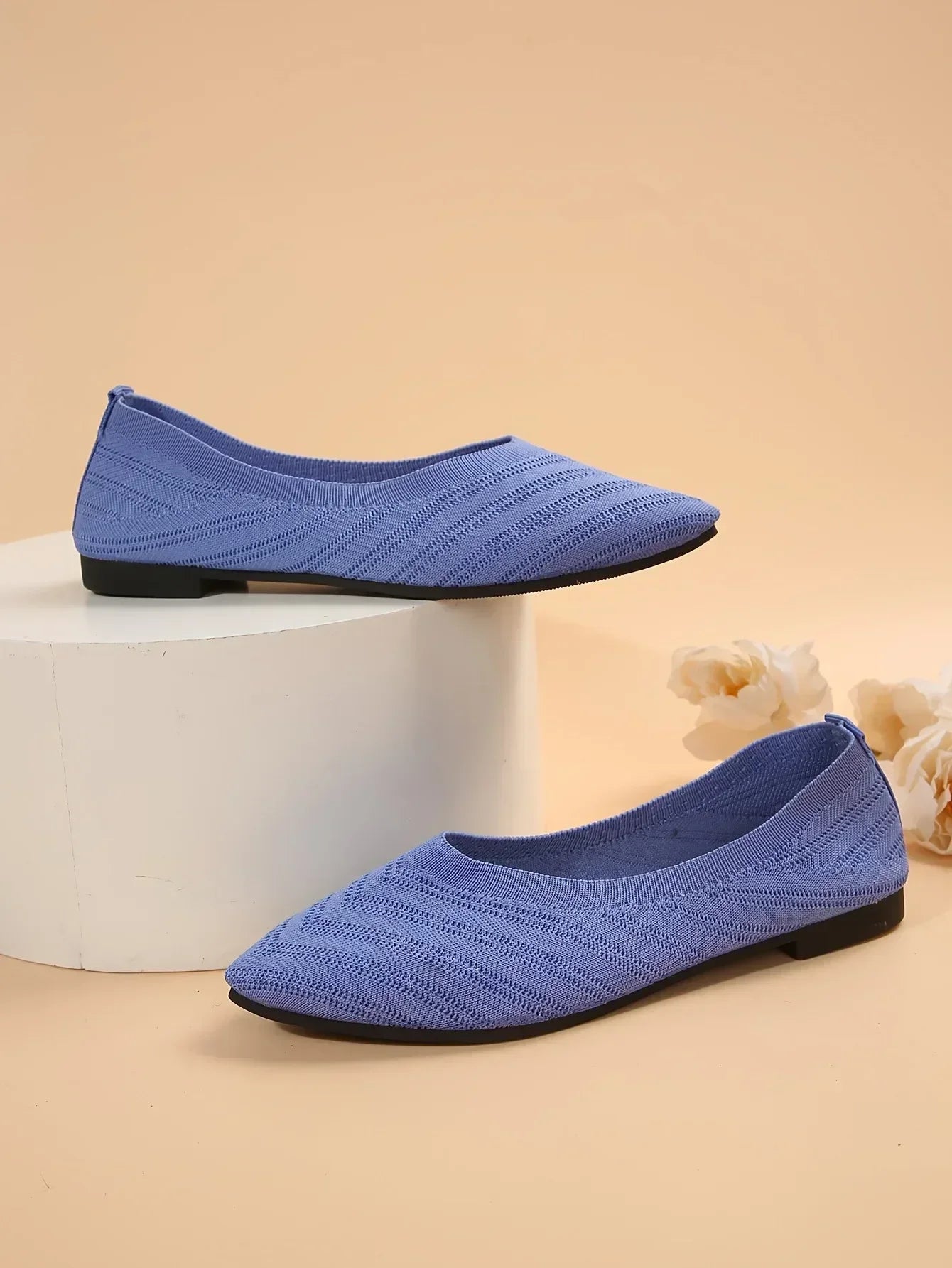 Pointed Toe Flats - Solid Color Knitted Slip-On Office Shoes, Casual Ballet Flats, Women's Loafers, Zapatos de Mujer