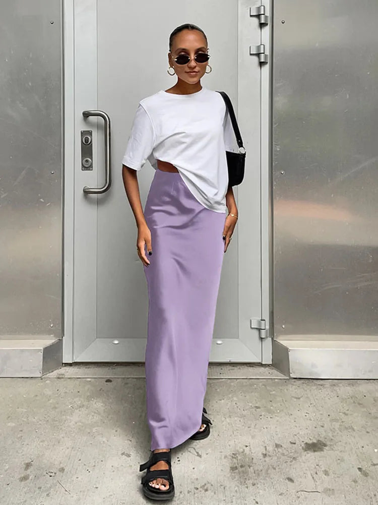 Elegant Satin Trumpet Skirt – Slim Fit, High Waist, Solid Color, Office Wear, Long Skirt, Spring Summer