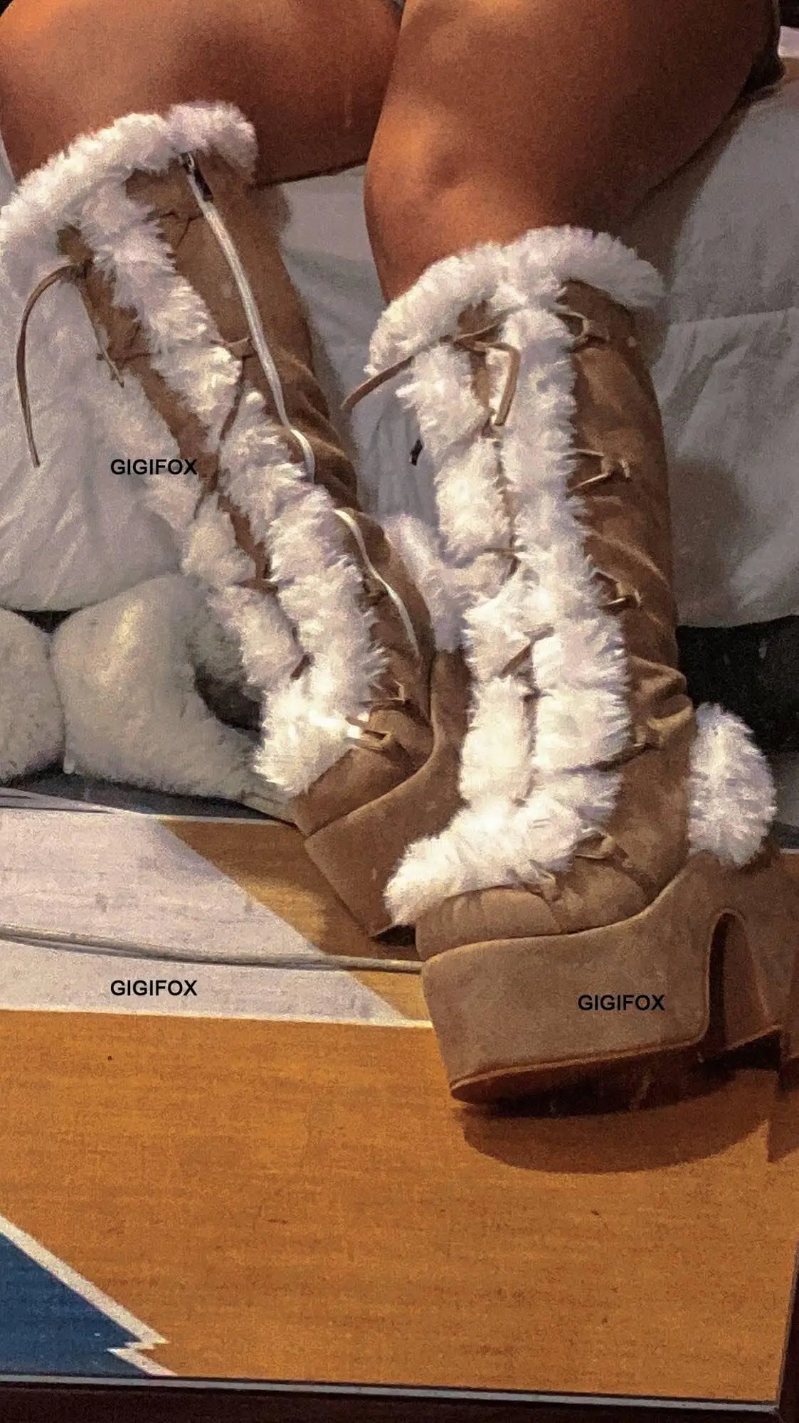 Platform Furry Boots - Chunky High Heeled Winter Autumn Knee-High Boots for Women, Faux Fur Zip, Gothic Punk Style