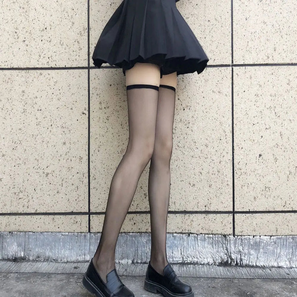 Summer Ultrathin Women's Silk Socks – Black, translucent, and stylish, with a medium calf sleeve