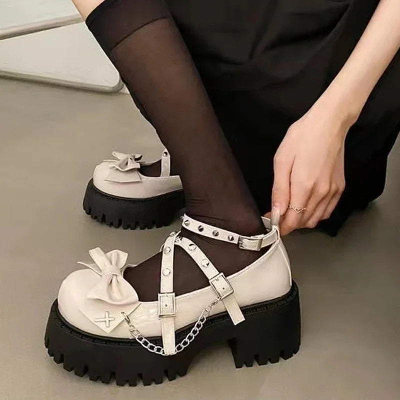 Women's Mary Jane Shoes – Lolita Solid Color, Butterfly Knot, Non-slip
