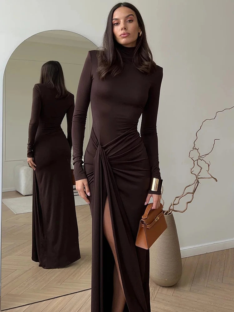 Turtleneck Thigh-High Split Maxi Dress – Sexy Long Sleeve Draped Bandage Bodycon Club Dress for Women