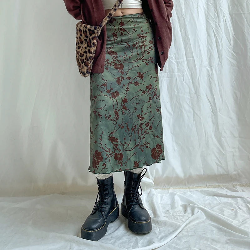 Floral Print Long Skirt – Vintage Low-Rise, Straight Midi, Spring Summer, Y2K Style