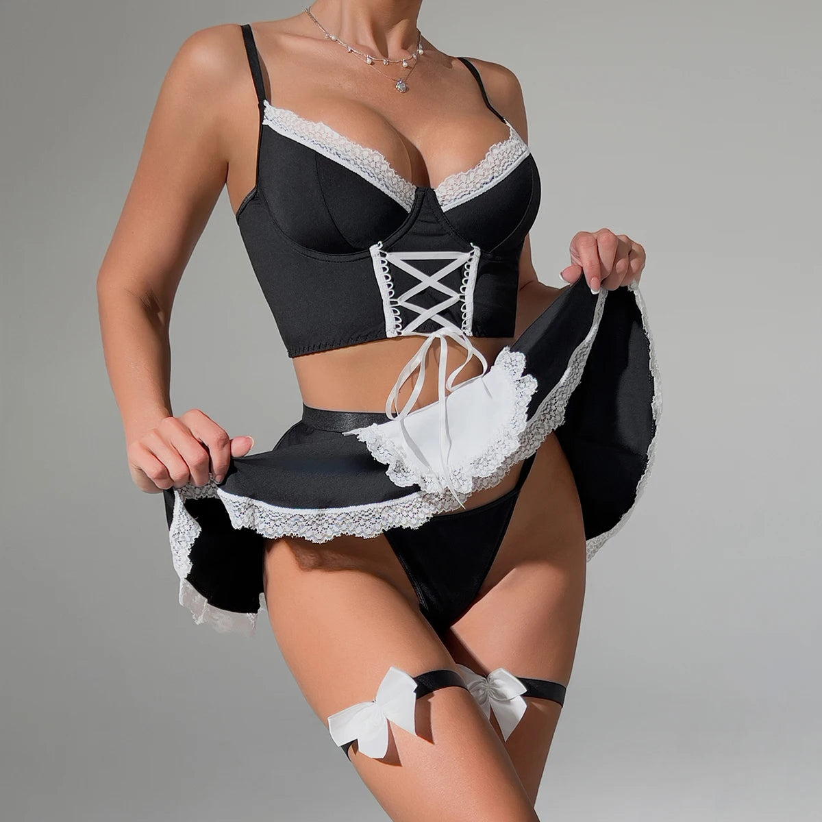 Maid Cosplay Lingerie Set – 5-Piece Sexy Lace Apron Uniform with Bow & Bandage Details