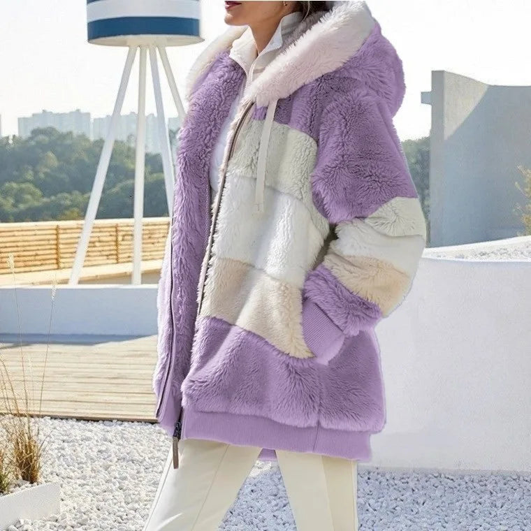 Oversized Hooded Jacket for Women – Warm Plush, Pockets, Loose Streetwear Outerwear for Autumn & Winter