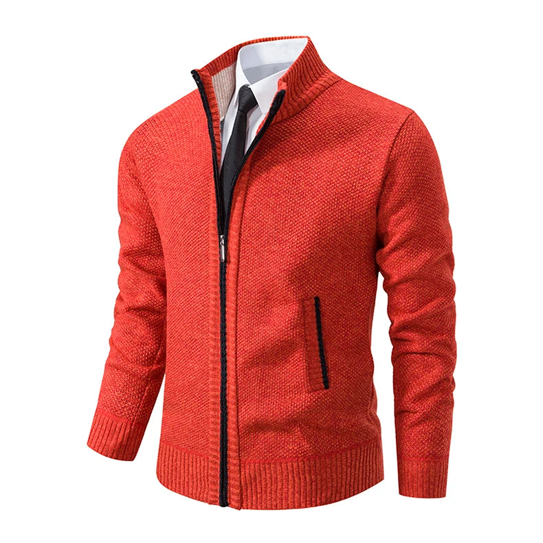 Jersey Men's Casual Sports Coat – Solid Color Stand Collar Sweater, Fleece-Lined, Warm Zipper Cardigan