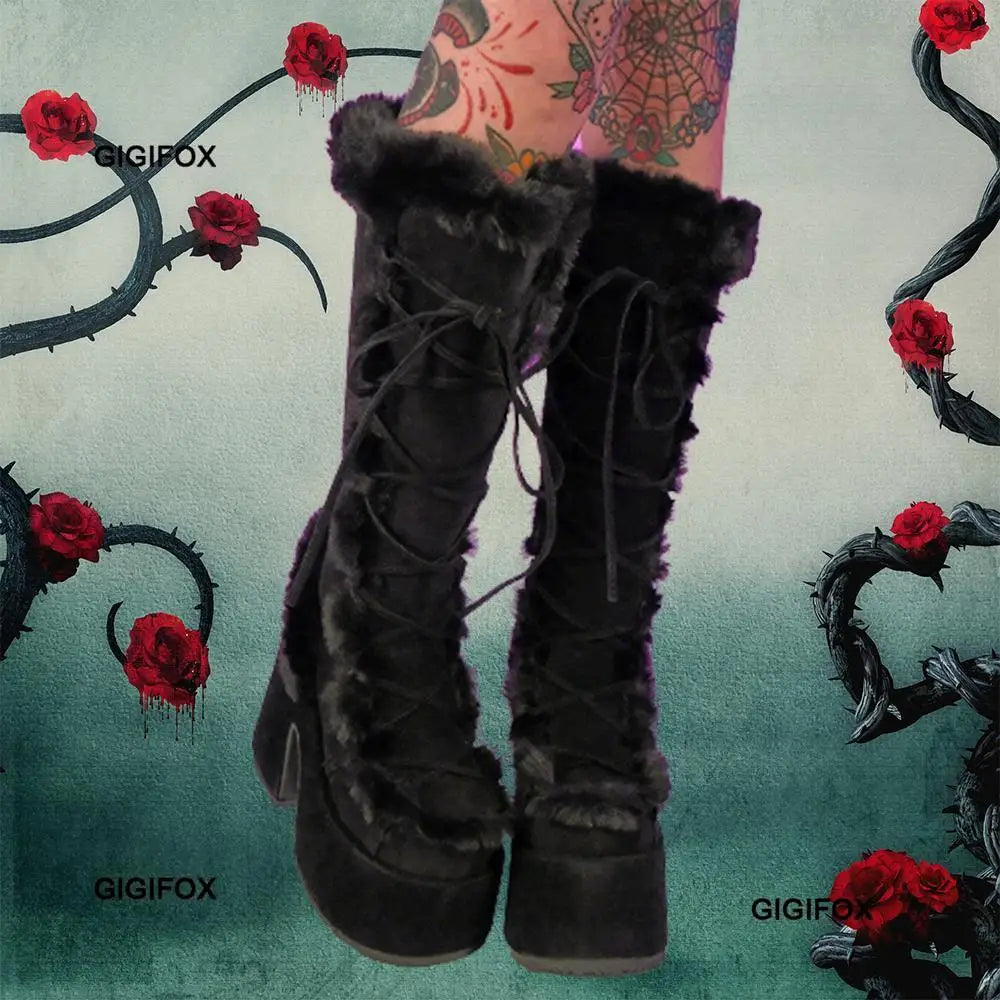 Platform Furry Boots – Chunky High Heeled Winter Autumn Knee High Boots, Women Faux Fur Zip, Gothic Style Punk Shoes Ladies