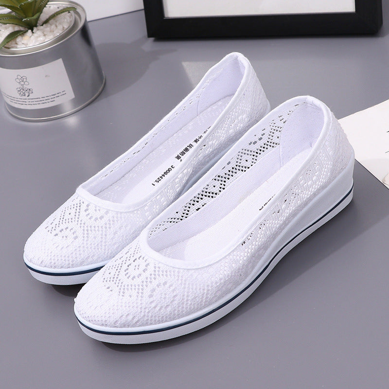 Lace Hollow Breathable Little White Shoes - Flat Mid Wedge Heel Women's Summer Beauty Sneakers