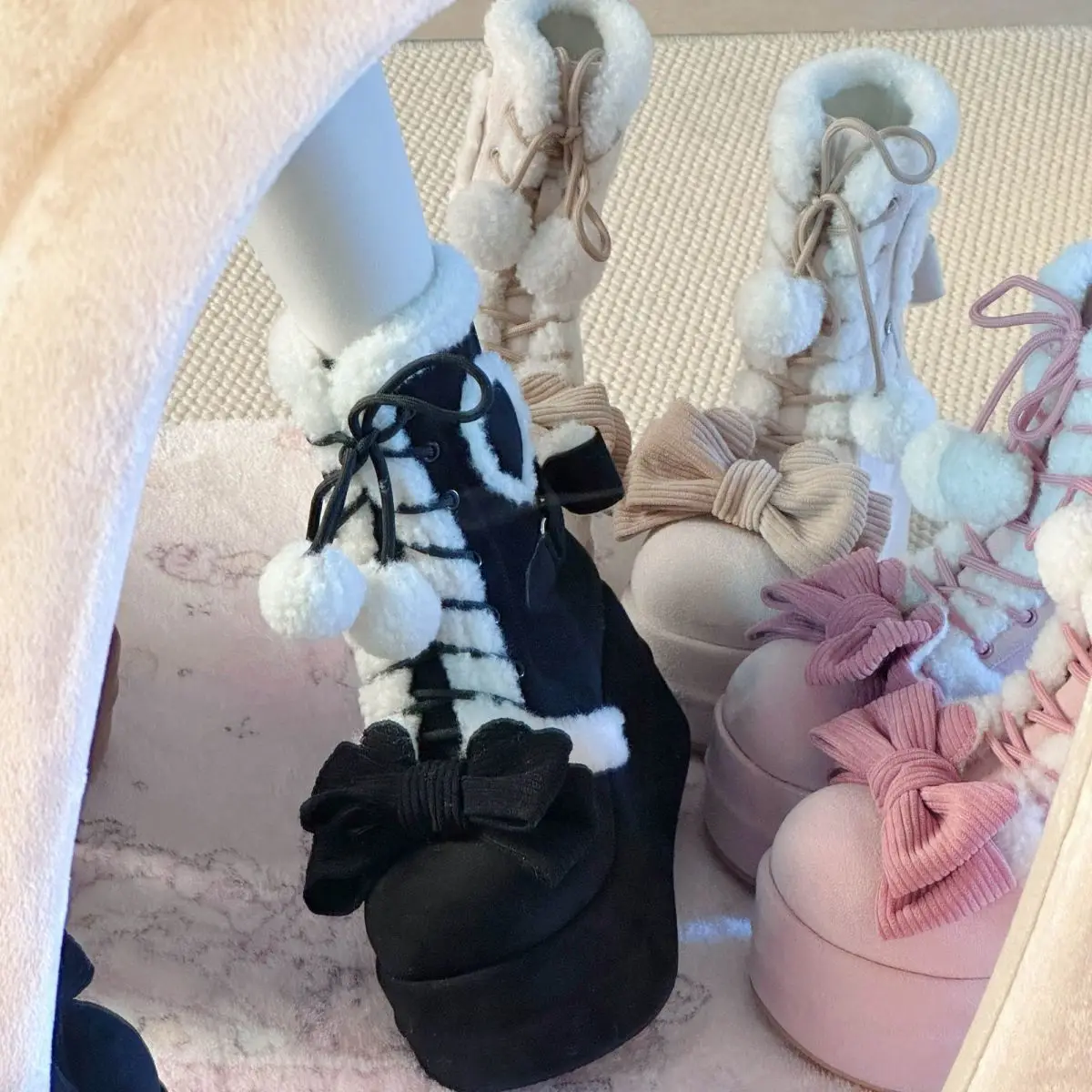 Sweet Winter Girls Lolita Mid-Calf Snow Boots - Cute Female Students Plush Warm Bowknots, Lace-Up Wedge Heel Heightening Shoes
