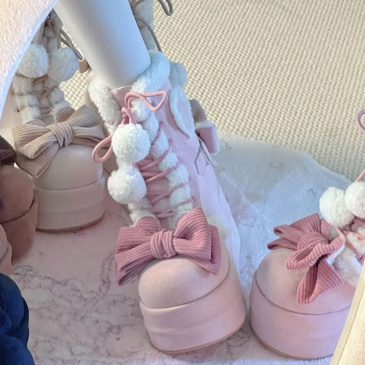 Sweet Winter Girls Lolita Mid-Calf Snow Boots - Cute Female Students Plush Warm Bowknots, Lace-Up Wedge Heel Heightening Shoes