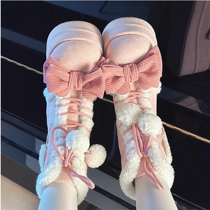Sweet Winter Girls Lolita Mid-Calf Snow Boots - Cute Female Students Plush Warm Bowknots, Lace-Up Wedge Heel Heightening Shoes