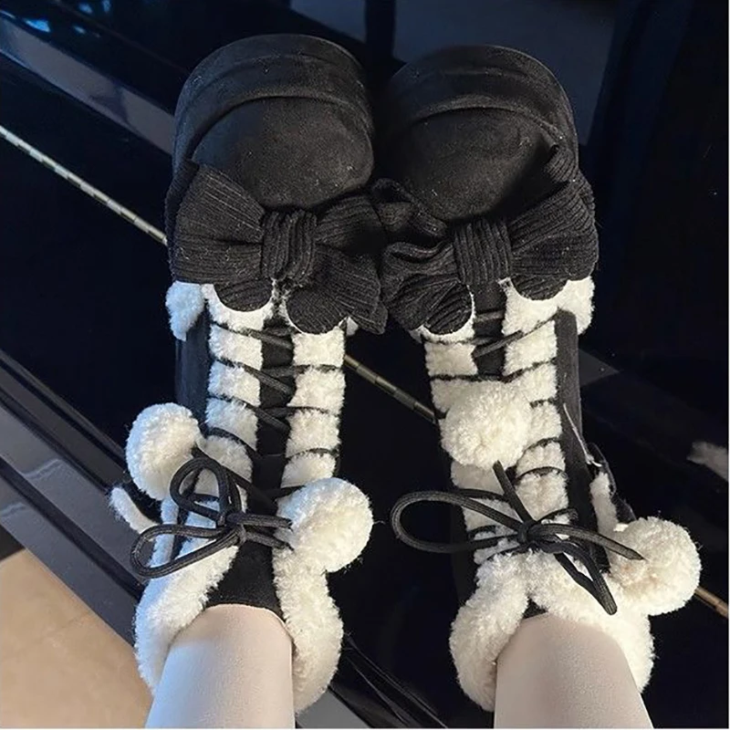 Sweet Winter Girls Lolita Mid-Calf Snow Boots - Cute Female Students Plush Warm Bowknots, Lace-Up Wedge Heel Heightening Shoes
