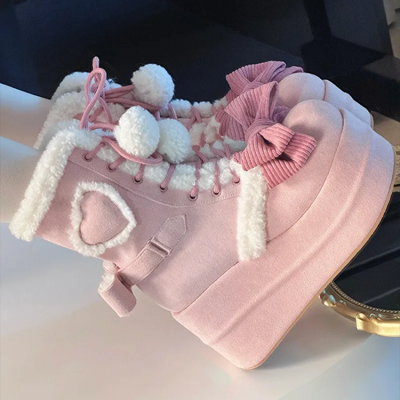 Sweet Winter Girls Lolita Mid-Calf Snow Boots - Cute Female Students Plush Warm Bowknots, Lace-Up Wedge Heel Heightening Shoes