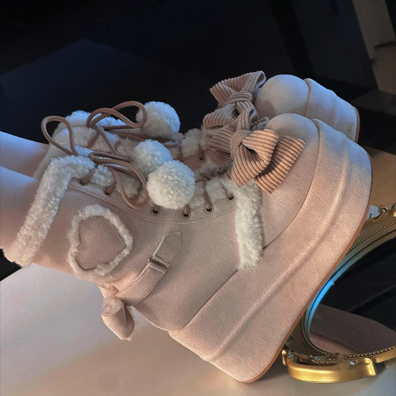 Sweet Winter Girls Lolita Mid-Calf Snow Boots - Cute Female Students Plush Warm Bowknots, Lace-Up Wedge Heel Heightening Shoes
