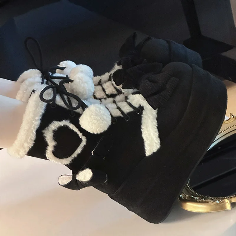 Sweet Winter Girls Lolita Mid-Calf Snow Boots - Cute Female Students Plush Warm Bowknots, Lace-Up Wedge Heel Heightening Shoes