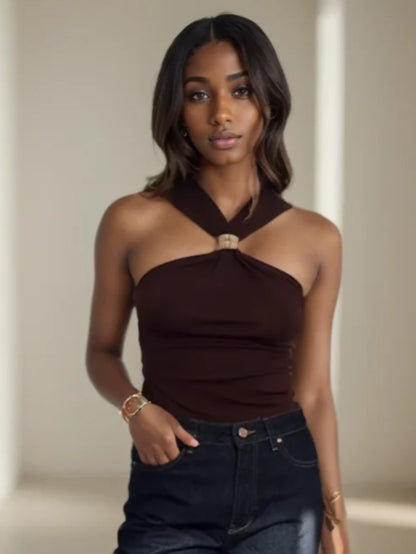 Women's Fashion Knit Halterneck Tank Top – Gold Appliques, Wide Straps, Camisole, Stylish Female Topwear