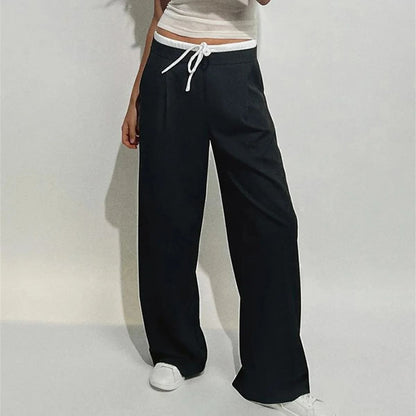 Women Fashion Straight Pants – Solid Color, Lace-Up, Side Zipper, Vintage Style, High Elastic Waist, Chic Lady Trousers