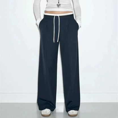 Women Fashion Straight Pants – Solid Color, Lace-Up, Side Zipper, Vintage Style, High Elastic Waist, Chic Lady Trousers