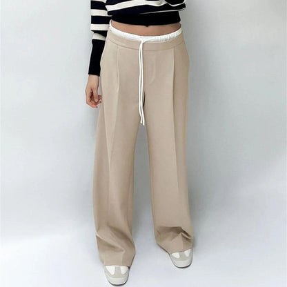 Women Fashion Straight Pants – Solid Color, Lace-Up, Side Zipper, Vintage Style, High Elastic Waist, Chic Lady Trousers