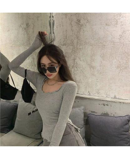 Women's Long Sleeve T-Shirt – Knitted, Slender Fit, Irregular Hem, Chic Ulzzang Autumn Wear