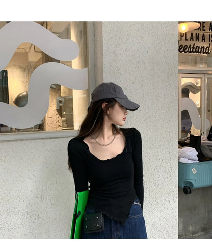 Women's Long Sleeve T-Shirt – Knitted, Slender Fit, Irregular Hem, Chic Ulzzang Autumn Wear