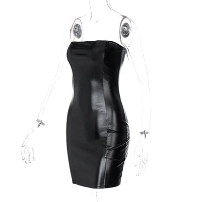 Strapless PU leather bodycon dress hugging the hips