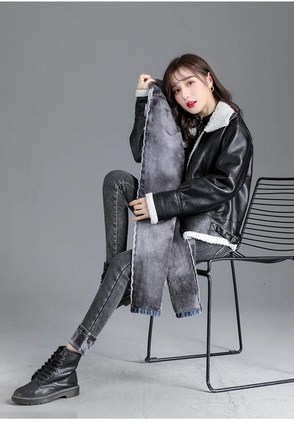 Thermal Winter Skinny Jeans – Thick Fleece, High Waist, Warm, Stretchy, Button Closure, Pencil Fit, Casual Mom Velvet Jeans