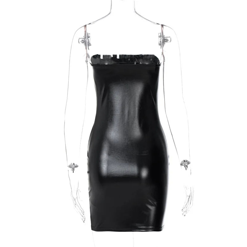 Strapless PU leather bodycon dress hugging the hips